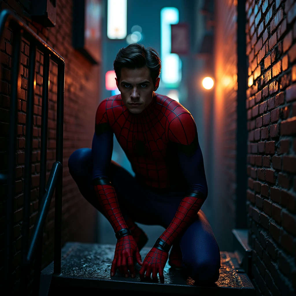 Peter Parker spiderman, 8k, uhd, severe low lighting, high quality, sharp focus, fujifilm XT3 ,(masterpiece:1.2) (best quality) (detailed) (intricate) (8k) (HDR) (wallpaper) (cinematic lighting) (sharp focus)