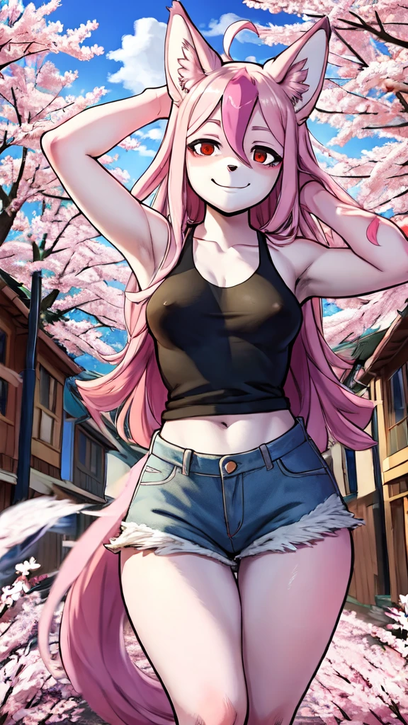 Nazuna_Hiwatashi, furry, furry female, White skin, ears, tail, smile, red eye, outside, pinkies Hair, multi-colored hair, wear a black tank top, short denim, by gudlmok99, by kikurage, medium breasts, playful posing, alone:1.2, Cherry blossoms in the background