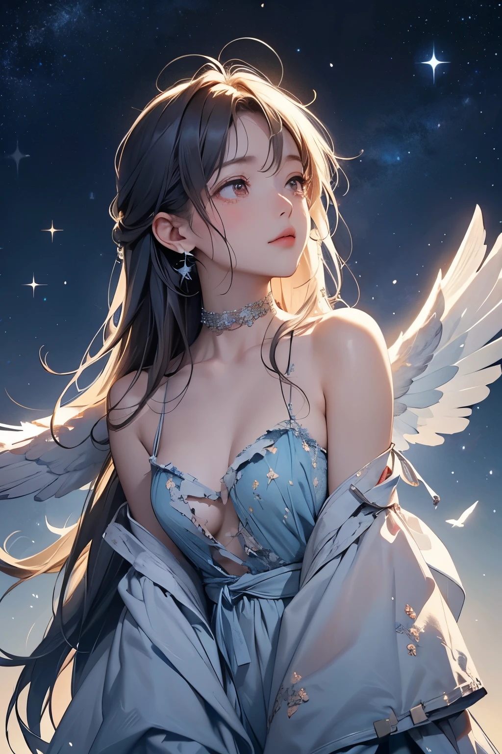 (starry skies:1.2)、Angel with broken wings、Stand up and look up at the starry sky、(Tattered Wings:1.4)、sexy and cute、Tired look、