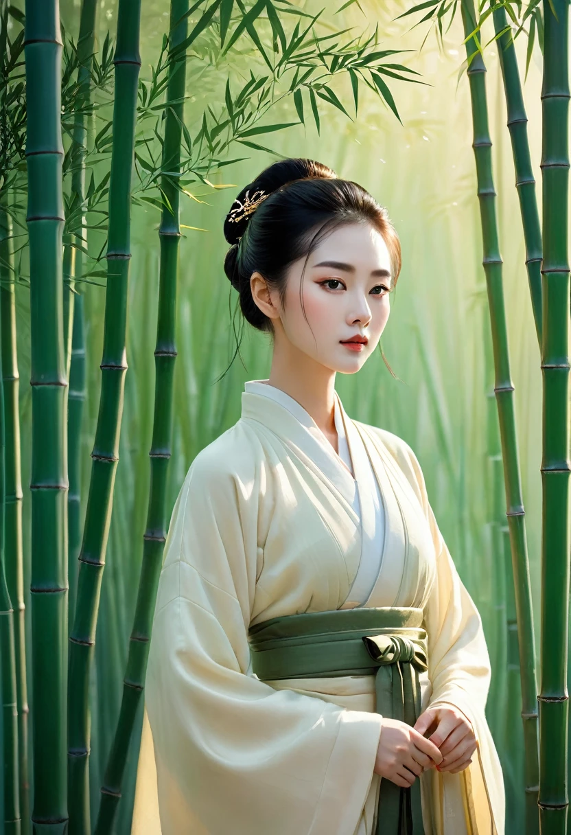 A woman in Hanfu stands among the bamboo groves, her silhouette illuminated by golden light. The scene is rendered with a minimalist aesthetic and an ethereal glow, creating a dreamlike atmosphere. This artwork captures the essence of ancient Chinese culture through its elegant composition and soft tones. It embodies simplicity and tranquility, showcasing traditional aesthetics within a modern context. The woman is dressed in traditional , with the artwork rendered in the style of minimalism and tranquility. 