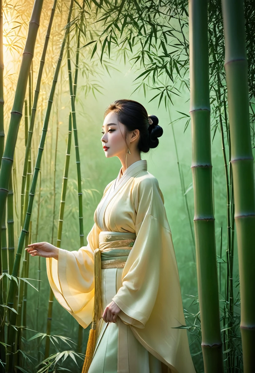 A woman in Hanfu stands among the bamboo groves, her silhouette illuminated by golden light. The scene is rendered with a minimalist aesthetic and an ethereal glow, creating a dreamlike atmosphere. This artwork captures the essence of ancient Chinese culture through its elegant composition and soft tones. It embodies simplicity and tranquility, showcasing traditional aesthetics within a modern context. The woman is dressed in traditional , with the artwork rendered in the style of minimalism and tranquility.