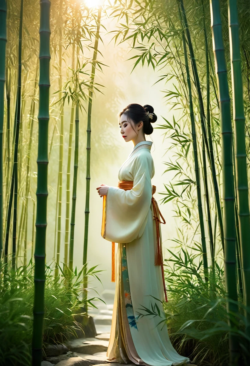 A woman in Hanfu stands among the bamboo groves, her silhouette illuminated by golden light. The scene is rendered with a minimalist aesthetic and an ethereal glow, creating a dreamlike atmosphere. This artwork captures the essence of ancient Chinese culture through its elegant composition and soft tones. It embodies simplicity and tranquility, showcasing traditional aesthetics within a modern context. The woman is dressed in traditional , with the artwork rendered in the style of minimalism and tranquility. 