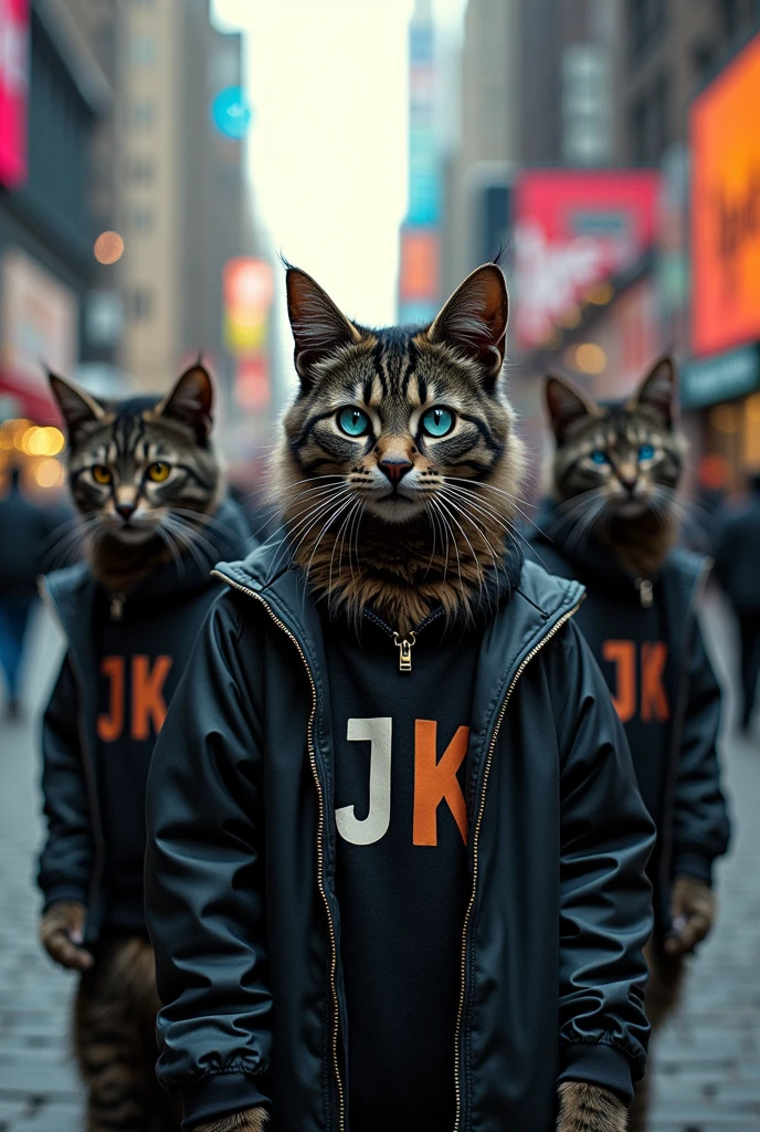 Generates a hyperrealistic image of a street with several white Manie Coon model cats which have 2 yellow spots on their forehead and have one light blue eye and the other yellow eye., He also has branded rock style clothing "JK" because he is being photographed as a model, so it simulates a model pose, with a defiant look. The place is New York street