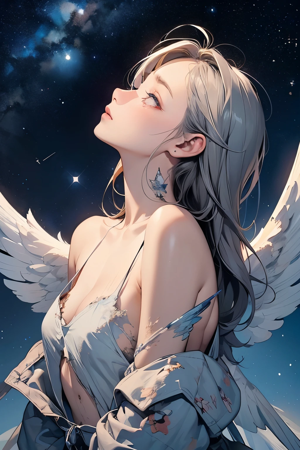 (starry skies:1.2)、Angel with broken wings、Stand up and look up at the starry sky、(Tattered Wings:1.4)、sexy and cute、Tired look、