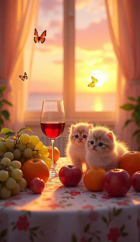 Let me have beautiful still life paintings, let there be windows, curtains, grapes, oranges, wine, a wine glass, little kittens next to them, butterflies, a sunset painting behind the window, a variety of beautiful fruits.