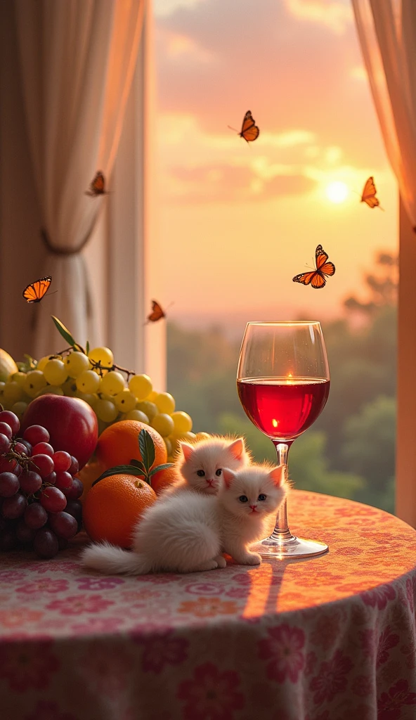 Let me have beautiful still life paintings, let there be windows, curtains, grapes, oranges, wine, a wine glass, little kittens next to them, butterflies, a sunset painting behind the window, a variety of beautiful fruits.