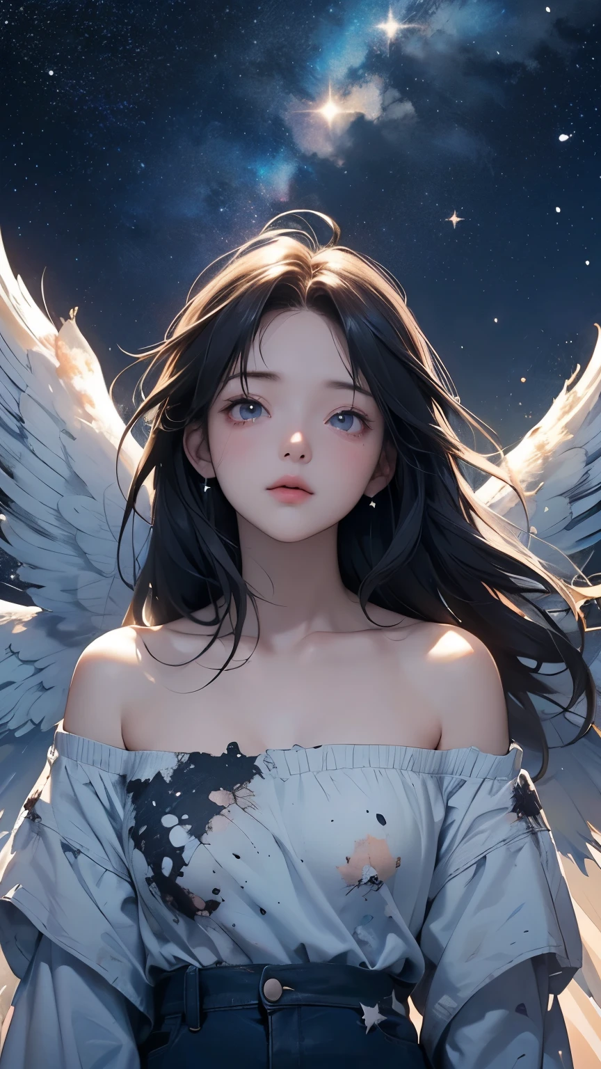 (starry skies:1.2)、Angel with broken wings、Stand up and look up at the starry sky、(Tattered Wings:1.4)、sexy and cute、Tired look、