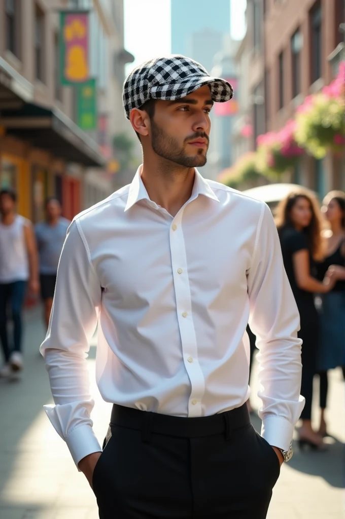 A man wearing cap, dressed black and wite, checked cap, smart and young