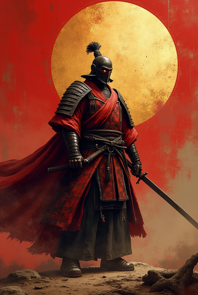 日本の戦国武将 真田幸村・red色の甲冑・六文銭の兜・長い槍を1本構えている・背景に日本風の筆で描かれた模様 ・力強く、Hall々A strong posture and a powerful presence々Cool look and style: Powerful and majestic Japanese art - Color: red、High contrast and detailed depiction with a gold base、Realistic texture