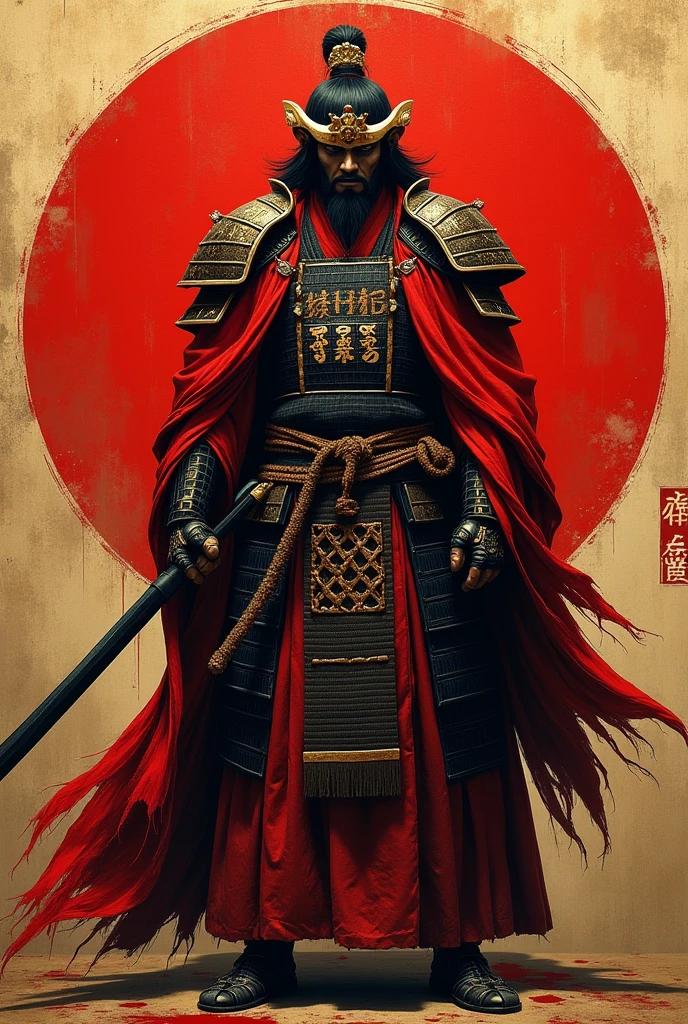 日本の戦国武将 真田幸村・red色の甲冑・六文銭の兜・長い槍を1本構えている・背景に日本風の筆で描かれた模様 ・力強く、Hall々A strong posture and a powerful presence々Cool look and style: Powerful and majestic Japanese art - Color: red、High contrast and detailed depiction with a gold base、Realistic texture