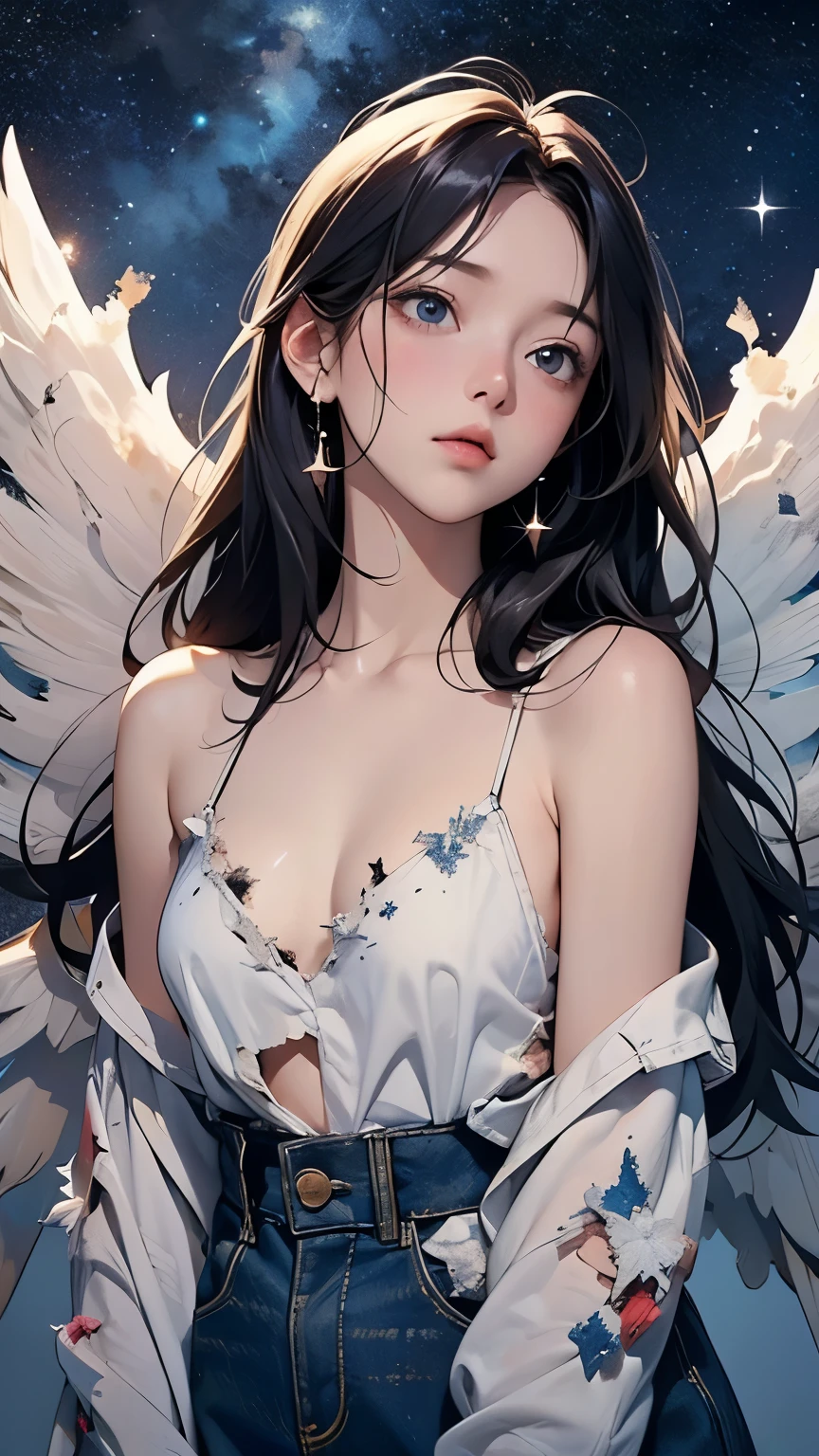 (starry skies:1.2)、Angel with broken wings、Stand up and look up at the starry sky、(Tattered Wings:1.4)、sexy and cute、Tired look、
