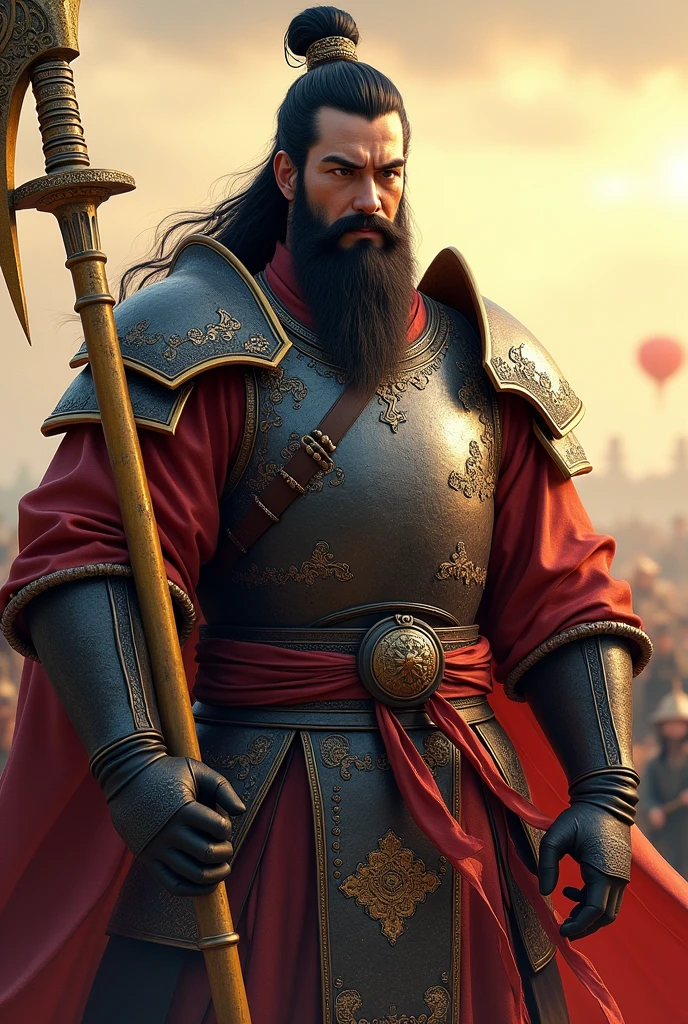 Male character wearing Chinese clothing holding a halberd ,Characters in the Three Kingdoms, ancient soldier, Wearing Chinese iron armor, , Chinese warrior character design,Use Chinese halberd weapons, lu bu ,Novel Image ,Yellow tones,Yes, it's a Chinese general's hat.,Has a long beard and mustache,Middle-aged man,Chinese people,black hair,see the whole body,I saw the whole head, face, body, arms, legs, and the body was big and strong.: Lu Bu is described as a tall, muscular young man, showing superior strength and power, and a fierce appearance.: He often has a fierce and intimidating appearance, with a stern facial expression and a demeanor that suggests determination and confidence. A unique facial expression.: Lu Bu is sometimes described as having a rough or fierce face, which is consistent with his impulsive and impatient personality. His hair style and attire: In the general image of Lu Bu in Chinese art and literature, he usually has a simple and clean hairstyle. His attire is armor or warrior uniform appropriate to his role as a highly skilled warrior. The characteristics of his weapons: Lu Bu's personal weapon is "Double-edged axe" (Euphorbia, Shuāngjǐ) Which is a large and heavy weapon, it can indicate his strength and fighting skills.