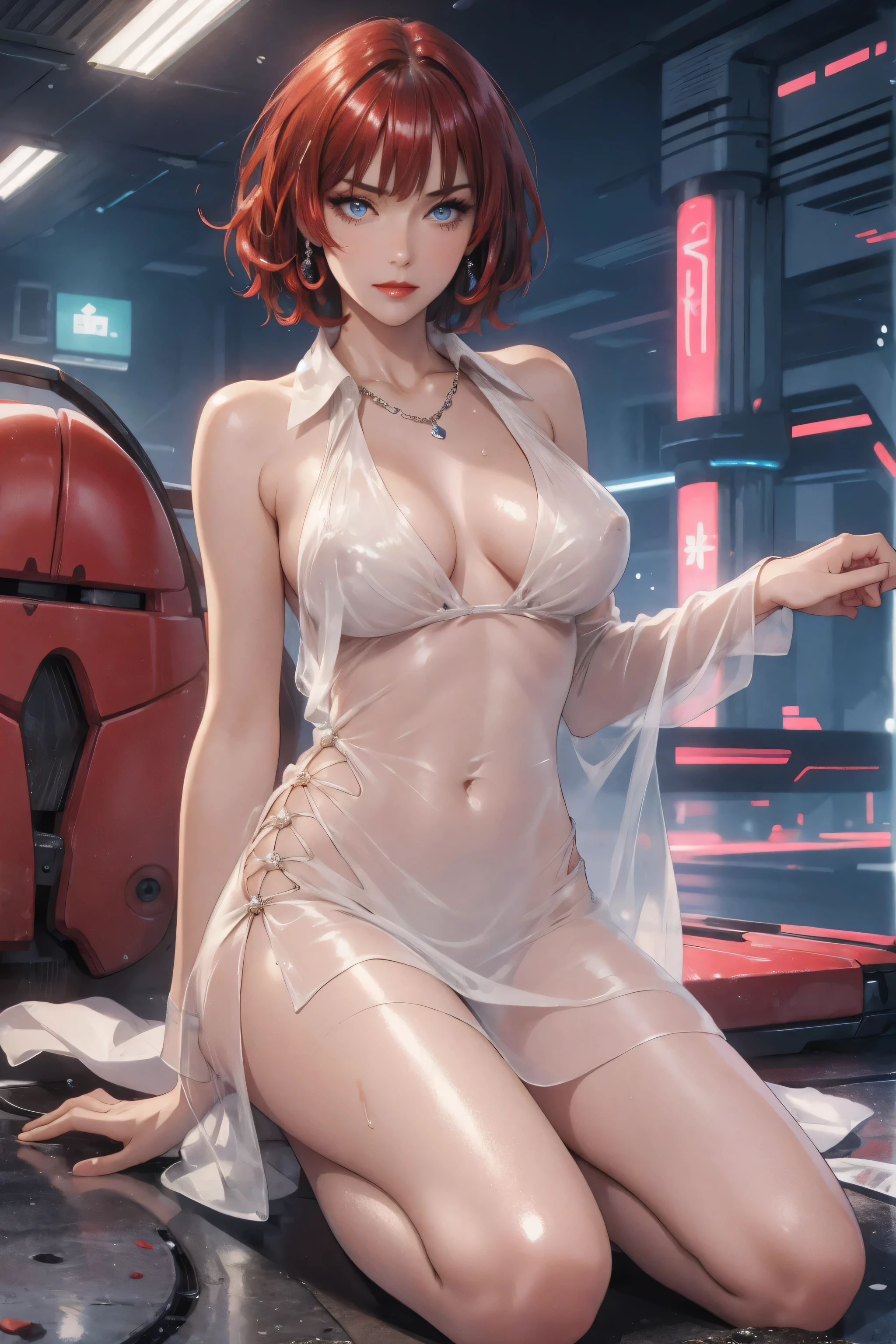 1girl,a beautiful fashion model ,(masterpiece, detailed background, best quality),short and shiny hair, red hair, hair with highlights, bangs, smirk,juicy lips,red lips, calmart, lingerie, stripping, elegant makeup, blue eyes, full body shot, (shiny skin), cyberpunk, sci fi, boa, extravagant jewelry, cocky expression, covered in jewelry, fancy, see through white dress, shiny skin, wet skin