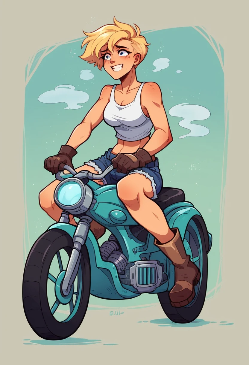 ((((masterpiece)))), high quality, very_high_resolution, large_filesize, full color, steam punk featuring a futuristic planet,, in a distant forest, bustling alien markets, and an off-road bike. The protagonist is a stunning upper body girl 1 person blonde short bob silver smile, mechanized arms. wearing a white tank top, distressed denim shorts, engineer boots, and riding the off-road bike. beauty,