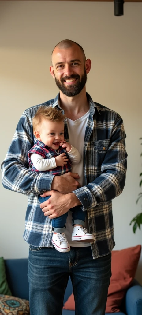 Father with arms outstretched holding a 1 year old baby. Adult man, with completely shaved head, no hair on his head, wearing a medium black Viking style beard, light brown eyes, frowning, smiling at the corner of his mouth, wearing a dark blue and white plaid shirt, wearing dark blue jeans, holding a 1 year old baby girl, baby with medium blond hair, with a pompadour, dark blue eyes, big smile, fair skin, wearing a long sleeve plaid shirt in red, white and blue colors, and he is wearing dark blue jeans and white converse sneakers. Character should be colorful and have a fun, friendly look, with exaggerated, expressive features. Pixar style.
