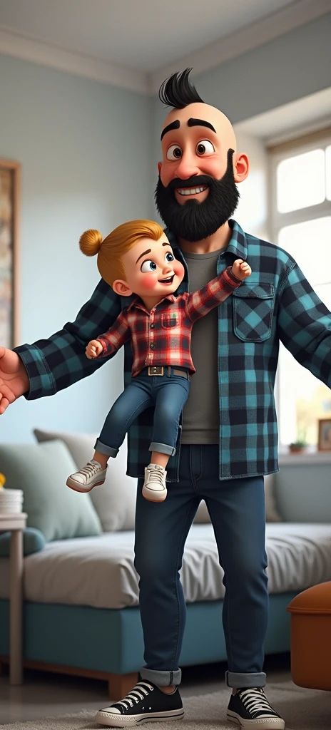 Father with arms outstretched holding a 1 . Adult man, with completely shaved head, no hair on his head, wearing a medium black Viking style beard, light brown eyes, frowning, smiling at the corner of his mouth, wearing a dark blue and white plaid shirt, wearing dark blue jeans, holding a 1 year old babyith medium blond haiith a pompadour, dark blue eyes, big smile, fair skin, wearing a long sleeve plaid shirt in red, white and blue colors, and he is wearing dark blue jeans and white converse sneakers. Character should be colorful and have a fun, friendly look, with exaggerated, expressive features. Pixar style.
