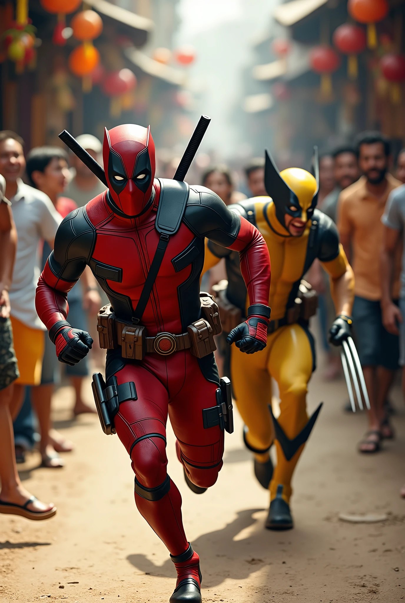 (photorealism:1.2), (HDR quality), (realistics), the deadpool is running sared becouse he was chasing by wolverine(angry face), (deadpool with his one hand is pushing the shouledr of wolverine, wolverine chasing him (nearly falls), at the traditional market(detailed situations and conditions), many people watching them
