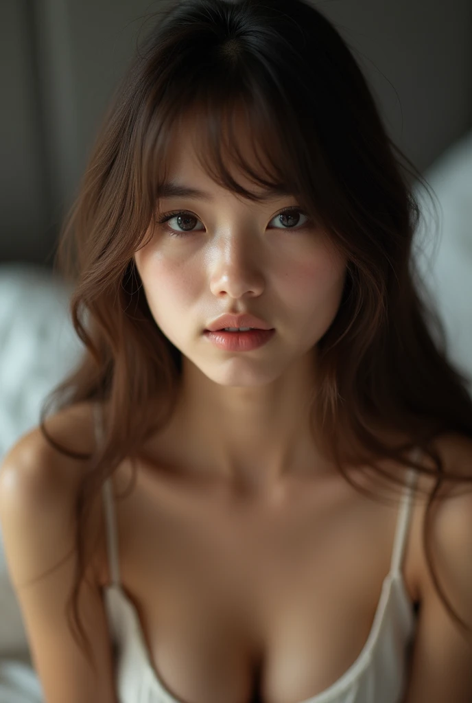 Masterpiece, Ultra High Definition, Micro detailed, fine photo, professional shot, artistic pose, a young 19 years old girl, with long brown straight hair, bangs, pleasured in bed making after sex face in a very content and in love expression, angelic innocent face, a very beautiful expressive eyes looking to the viewer, and arroused after sweating, pleasuring herself, cinematic, dramatic and artistic, curvy body a young filipina girl naked with pale skin rosy chicks and rosy lips squating in the bed room
