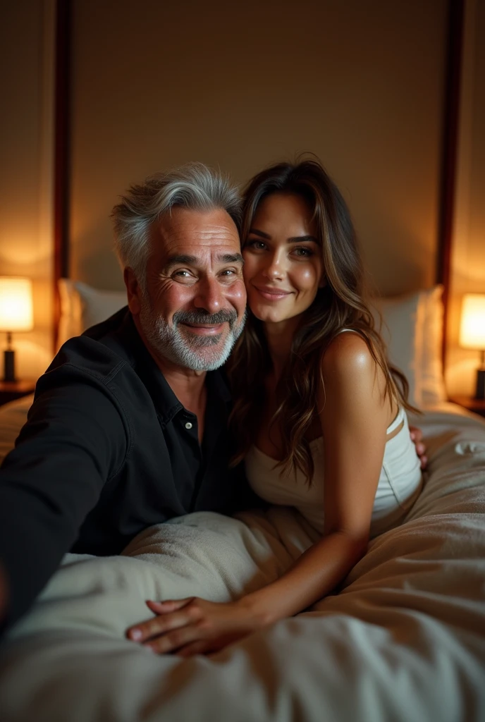 smartphone、Selfie、Hotel、ラブHotel、bed、bed上、high resolution、50-year-old male、Man with gray hair、young woman、Brown haired woman、naked、dim、