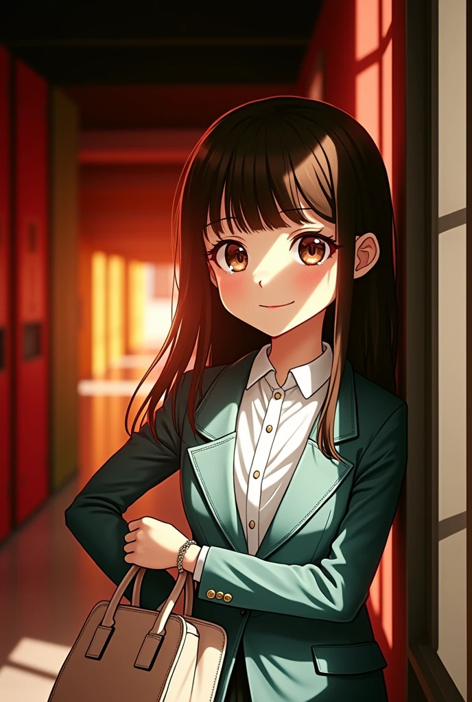 (Best Quality, 8K:1.1),(Slim Beauty:1.4),(C Cup:1.3,Beautiful:1.2),High  Student, Blazer,Dress Shirts,Black Tight Skirt,(Necklace:0.4),Handbag,Light Makeup,Round Nose,Super Thin Face,Drooping Eyes,Double Eyelids,(Bangs + Smile:1.2),Perfect Tooth Alignment.
