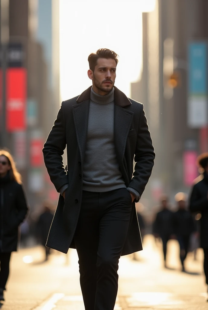 фото full length идущего по городу мужчины, Medium height, 35 years, black hair, Sports figure, broad shoulders, a neat stylish hairstyle, wide cheekbones, grey turtleneck coat, black dress pants, dark grey classic wool jacket, black leather derby shoes, walking through the city, looks ahead, Stylish look, thoughtful look, full length, free pose, dynamic pose, solar lighting, daylight 