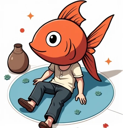 He is a slim adult。He is wearing an anime-style goldfish headgear.、The imbalance between the head and the body is interesting.。The face is hidden。Draw in an illustration style。A picture that looks like a LINE stamp。Goldfish look more character-like。Goldfish are smaller。Give it a covered look。The goldfish is a Demekin。Looks like a real goldfish。More like a headgear。One eye。He is more stylish。Goldfish are more adorable。Surreal Lounging on the floor on a holiday