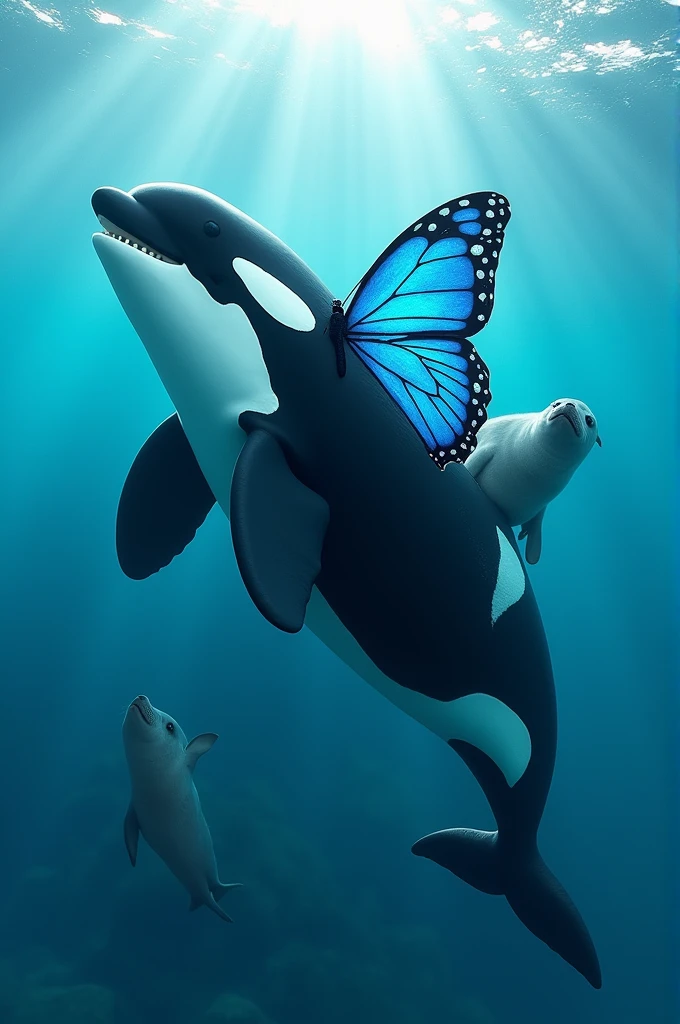 An orca whale with blue butterfly wings swimming in the Antarctic sea being friendly 