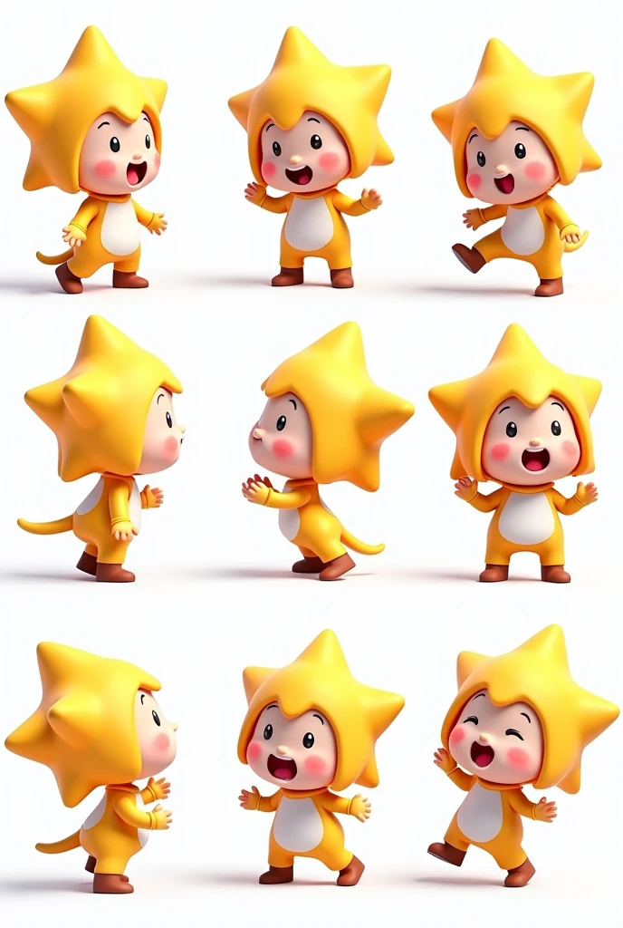 9 poses and expressions, emoticons [dizzyhappy, angry, crying, sad, cute, expectant, Laughing, disappointed and shy, sLeepy, eating, dizzyexpressing Love, etc,L, Line art, sticker art, cartoon boy wearing star costume on white background, Lovely cartoon character, Lovely数字, Lovely character, Lovely 3 d render, Lovely digitaL art, Lovely detaiLed digitaL art, render of a Lovely 3d anime girL, Anime style 3d, Lovely! C4D, Lovely anime, High-quality character design, Lovely art styLe, Lovely cartoon