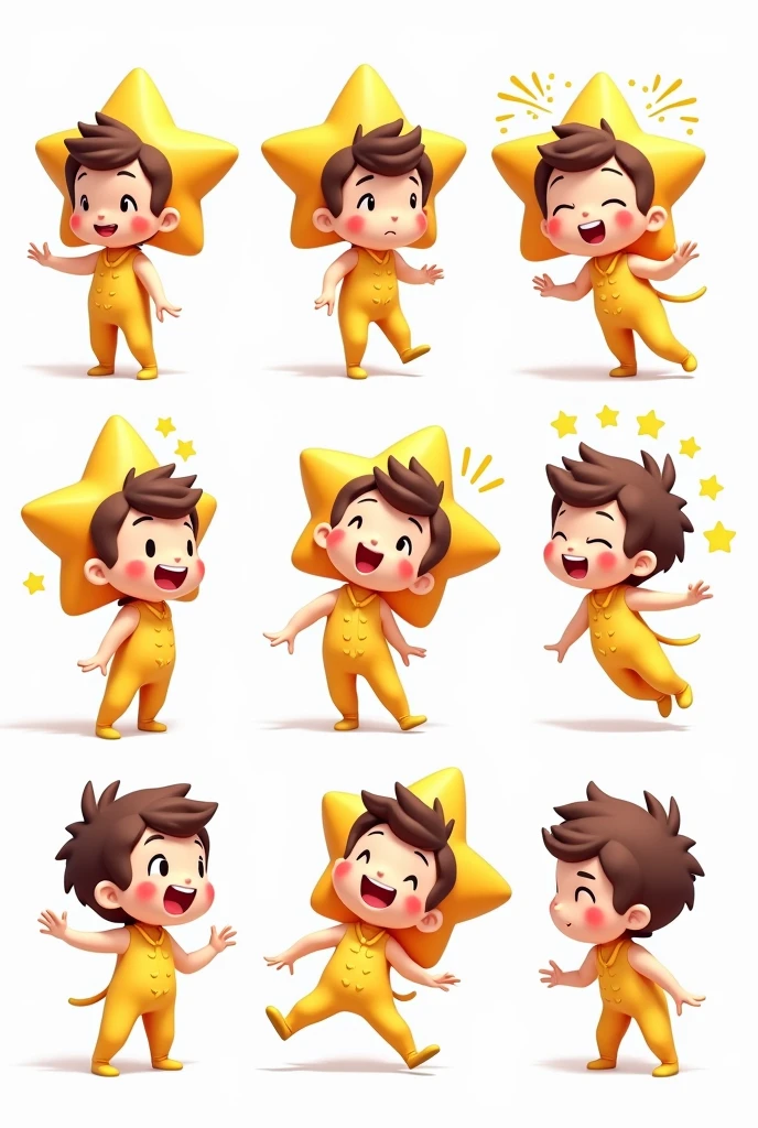 9 poses and expressions, emoticons [dizzyhappy, angry, crying, sad, cute, expectant, Laughing, disappointed and shy, sLeepy, eating, dizzyexpressing Love, etc,L, Line art, sticker art, cartoon boy wearing star costume on white background, Lovely cartoon character, Lovely数字, Lovely character, Lovely 3 d render, Lovely digitaL art, Lovely detaiLed digitaL art, render of a Lovely 3d anime girL, Anime style 3d, Lovely! C4D, Lovely anime, High-quality character design, Lovely art styLe, Lovely cartoon
