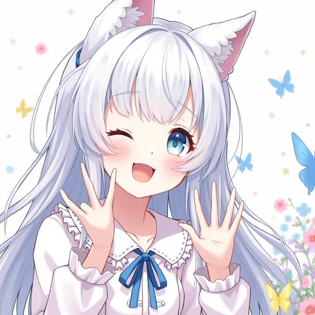 Young girl with long white hair and anime cat ears dressed in light blue clothes and light blue eyes