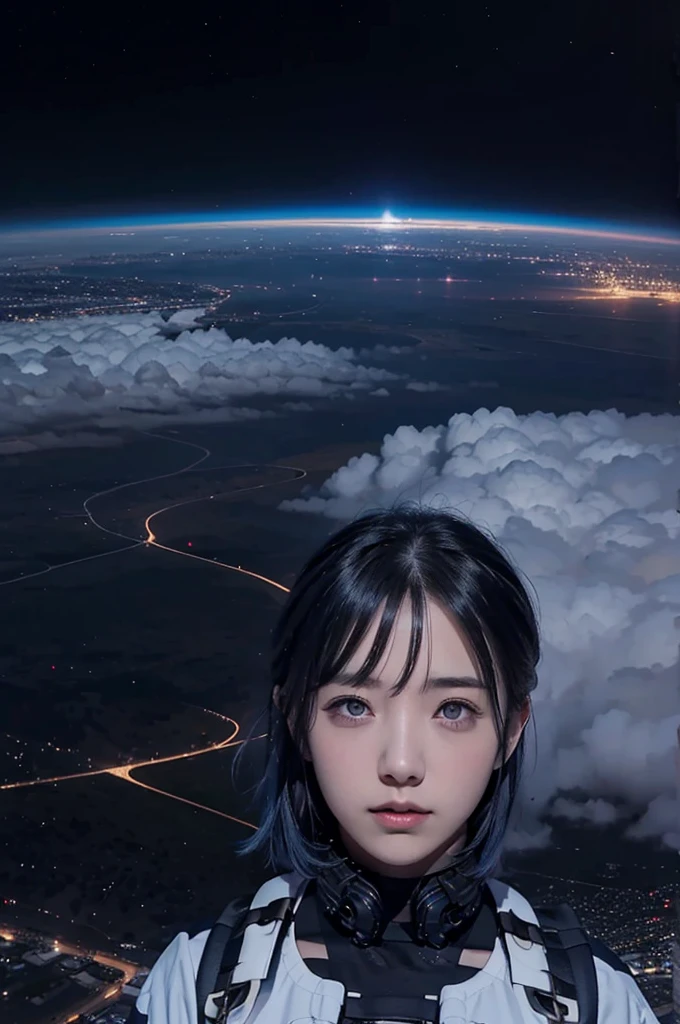 Empty City, A town above the clouds, Sky City,Black Eye,Blue haired,Falling from the sky、In the desert、Stars shine in the night sky、beautiful girl、Show your side