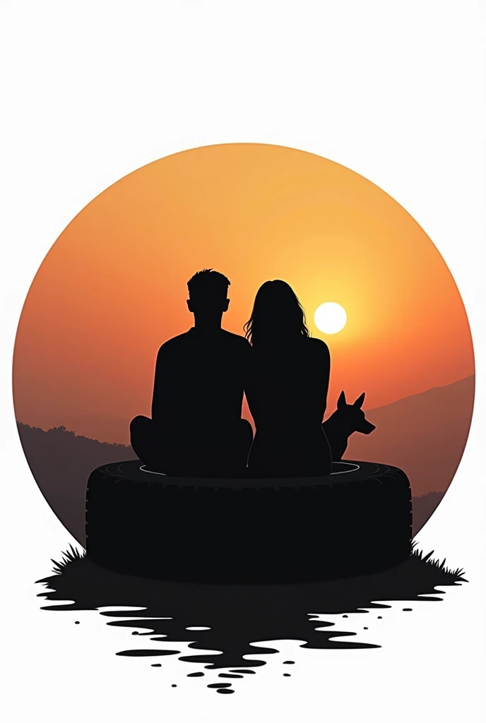 Minimalist silhouette illustration of a couple sitting watching the sunset in black and white together with a mixed breed dog. They must be sitting inside a large car tire and this tire is vertical with the people and the dog in the center.. This image serves as a logo for a YouTube channel