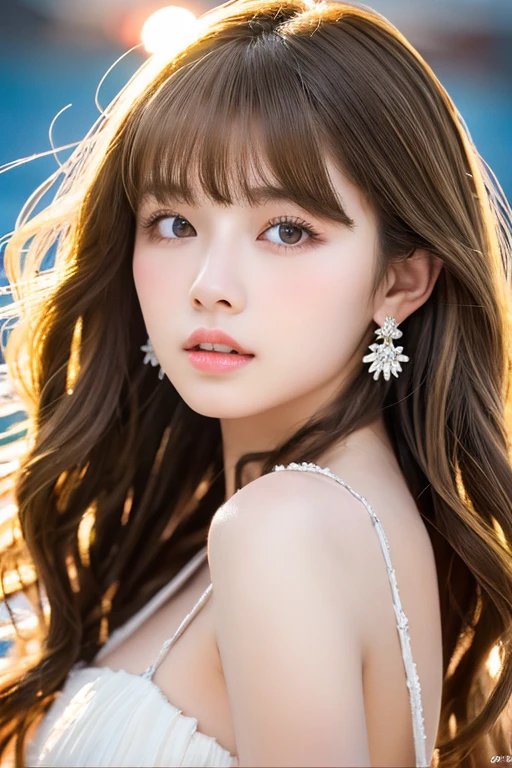 ((No makeup:1.2))、(realistic、Photoreal、super detailed、best detailed skins、highest quality、masterpiece、超A high resolution)、cute russian woman、、high school girl、young girl、1 girl、have bangs、ash blonde:1.7、double eyelid、drooling eyes、Japanese style face、purity、realistic肌タイプ、fluffy hair、red cheeks、The wind is blowing、night、illumination、lighting from behind、((medium hair、beach、white camisole、french twist hair))