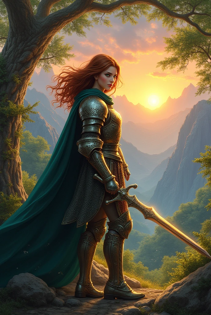 Theme of the game Final Fantasy. Image of a bronze-haired girl standing holding her favorite sword, wearing light armor in black and white, pastel colors, and dramatic tones. A masterpiece with the highest resolution , Image type semi-realistic