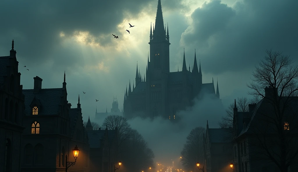 A dramatic, dark fantasy scene featuring a towering, intricate structure with spires hovering ominously above a shadowy, mist-covered cityscape. The sky is filled with dark clouds and beams of light piercing through, while distant birds can be seen flying past. The architecture below is detailed and gothic, with hints of warm light emanating from windows amidst the gloom.