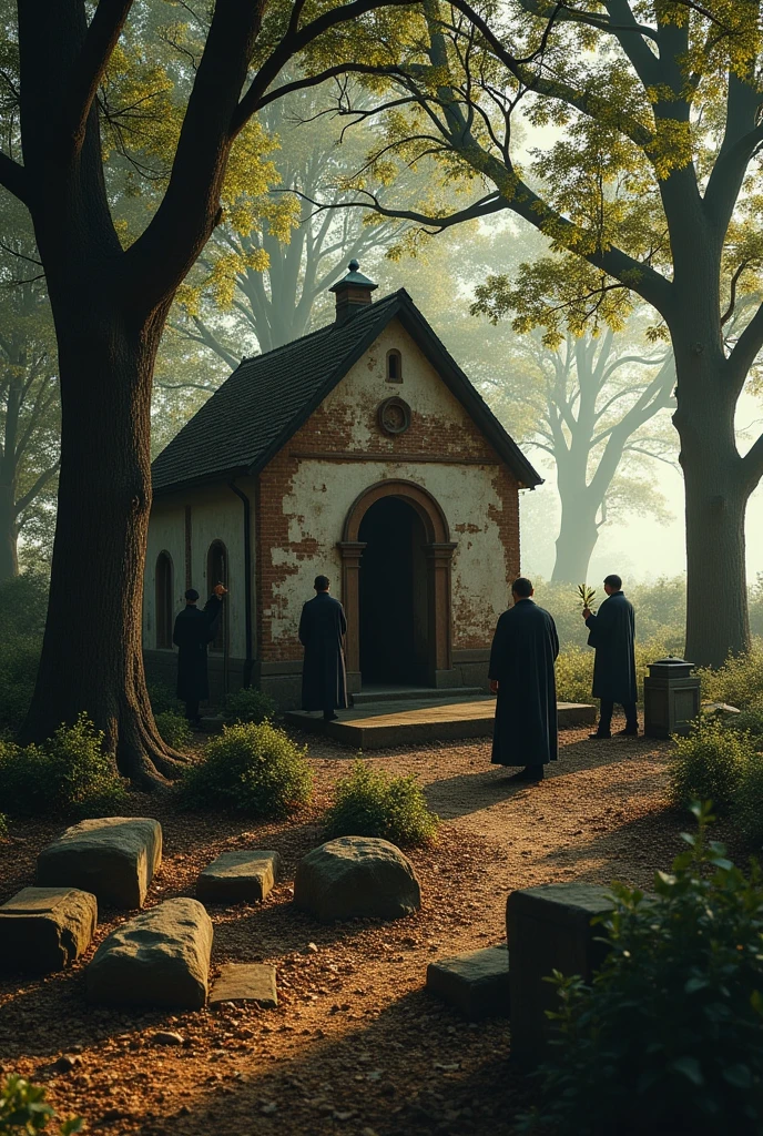 A burial being held near a small chapel with many trees and graves nearby