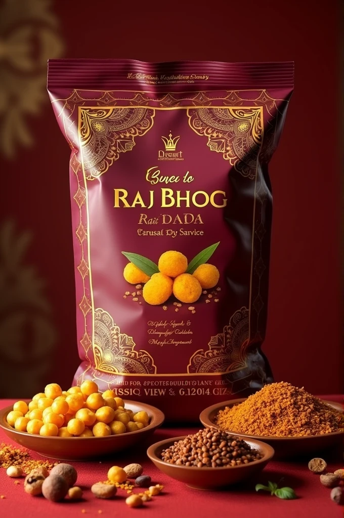 Create a roasted snacks product with a brand name of Raj Bhog