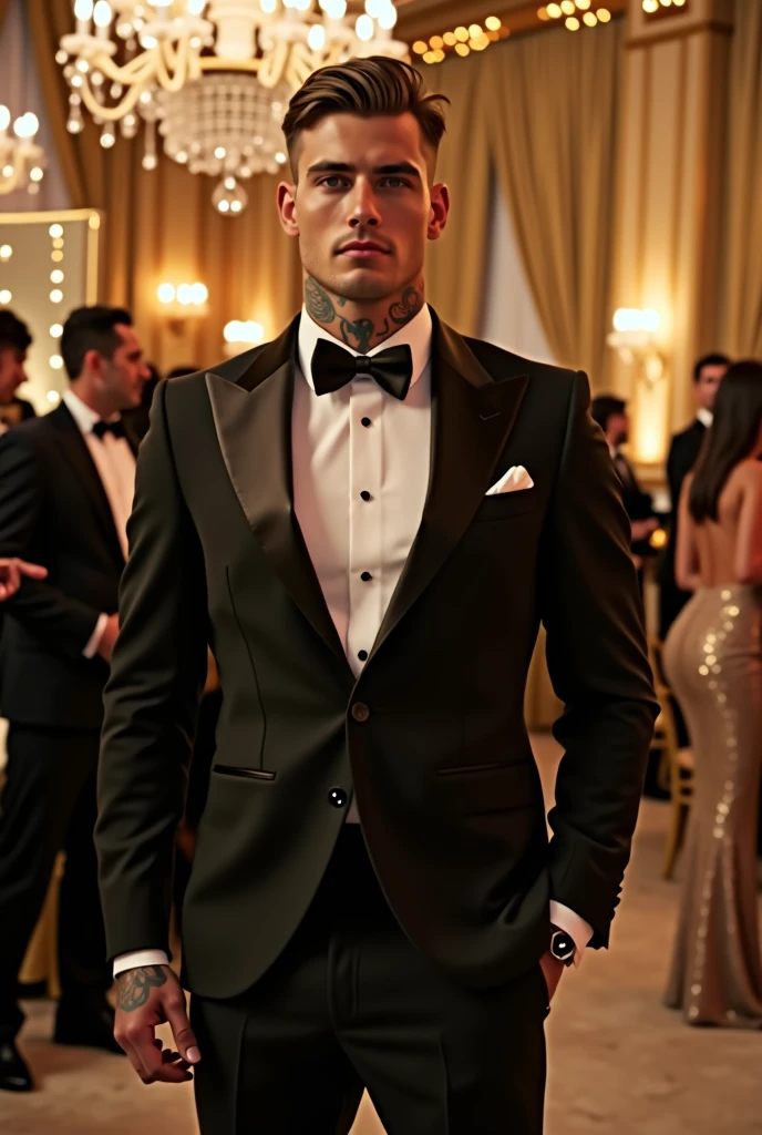 A handsome, athletic, young, tattooed 24-year-old footballer, awards gala, an elegant black tuxedo , elegant and manly