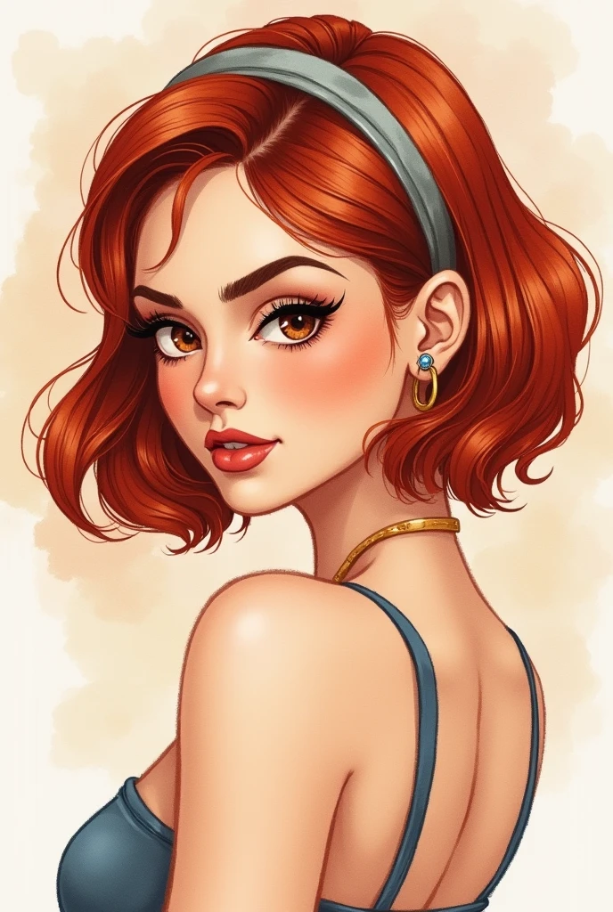 watercolor Over the shoulder . portrait. looking back. woman. curvy .girl.small face. small eyes. brown eyes. small nose. full lips. bob. red hair. frowning. confident. turtleneck. headband. piercing.