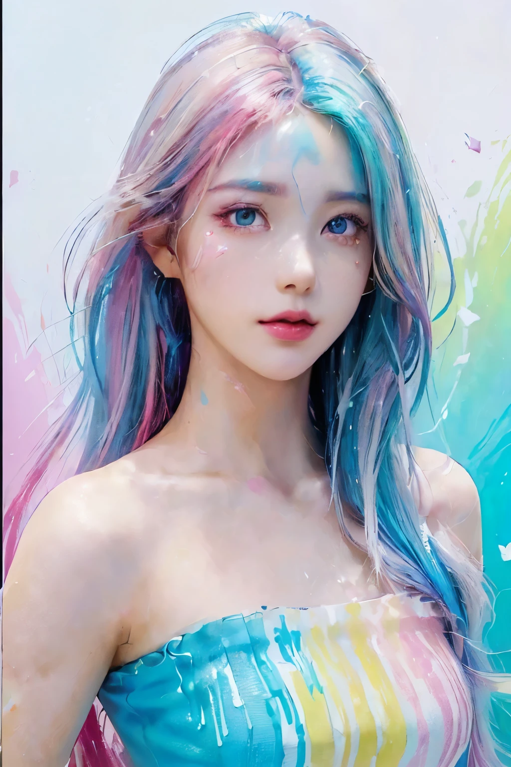（pink fashion t-shirt：1.9），(fancy 머리: 1.8), (all the colors of the rainbow: 1.8),(((((vertical Painting：1.6))), （Painting：1.6），front, comic book, illustrations, Paintings, big eyes, crystal clear eyes,（ Rainbow gradient high ponytail：1.7）, exquisite makeup, closed mouth,(small fresh: 1.5),(Wipe the chest: 1.6) ，long eyelashes, White off-the-shoulder T-shirt,  white shoulder shirt，Looking at the audience, big eyes물을 흘리는 눈, (rainbow colored hair：1.6), color splash, （alone：1.8）, color splash, Color explosion, thick Paint style, messy lines, ((shining))，(fancy), (fancy), (fancy), fancy, Thick Paint Style, (fried food) (Color fried food), Vertical Painting, upper body, Paint fried food, acrylic pigment, gradient, Paint, Best image quality, best quality, masterpiece, alone, depth of field, Face Paint,  fancy clothes, (elegant: 1.2), very cool,long hair, wind, (elegant: 1.3), (petal: 1.4)，(((masterpiece))),(((best quality))),((very detailed)),(illustration),(dynamic angle),((floating)),(Paint),((disheveled hair)),(alone),(1 woman) , (((Detailed Anima Face))),((Beautiful and detailed face)),color,bare shoulders,gray hair, ((fancy hair)),((Striped hair)),beautiful and delicate eyes,(gradient color eyes),(((fancy eyes))),(((fancy background))),(((highly saturated))),(((surrounded by fancy splashes))),