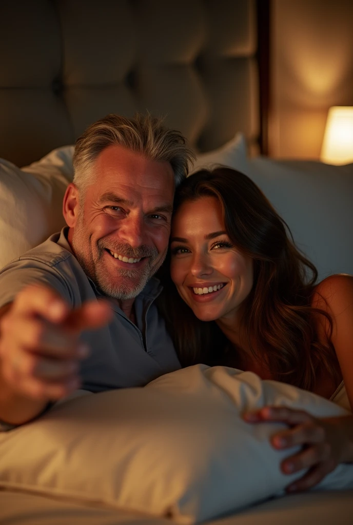 smartphone、Selfie、Hotel、ラブHotel、bed、bed上、high resolution、50-year-old male、Man with gray hair、young woman、Brown haired woman、naked、dim、