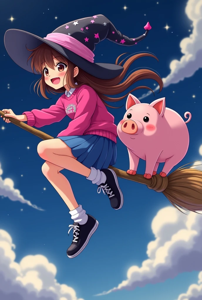 A female teenager has long brown hair and is riding a broom. This broom has a pink pig sitting on it. The witch has a witch&#39;s hat with several colorful pink stickers. She has freckles on her cheeks. She is wearing a hot pink sweater with a shooting star drawn on it. A blue skirt and black sneakers and white socks. She is flying at night. The image is in anime.