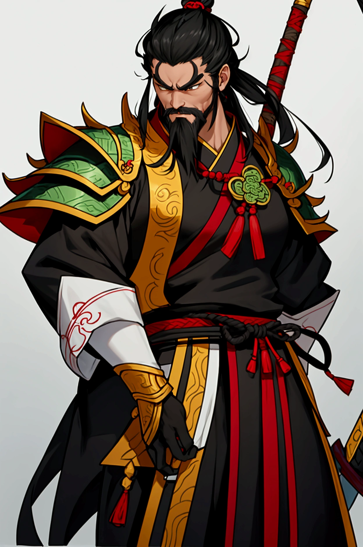 Male character wearing Chinese clothing holding a halberd ,Characters in the Three Kingdoms, ancient soldier, Wearing Chinese iron armor, , Chinese warrior character design,Use Chinese halberd weapons, lu bu ,Novel Image ,Yellow tones,Yes, it&#39;s a Chinese general&#39;s hat.,Has a long beard and mustache,Middle-aged man,Chinese people,black hair,see the whole body,I saw the whole head, face, body, arms, legs, and the body was big and strong.: Lu Bu is described as a tall, muscular young man, showing superior strength and power, and a fierce appearance.: He often has a fierce and intimidating appearance, with a stern facial expression and a demeanor that suggests determination and confidence. A unique facial expression.: Lu Bu is sometimes described as having a rough or fierce face, which is consistent with his impulsive and impatient personality. His hair style and attire: In the general image of Lu Bu in Chinese art and literature, he usually has a simple and clean hairstyle. His attire is armor or warrior uniform appropriate to his role as a highly skilled warrior. The characteristics of his weapons: Lu Bu&#39;s personal weapon is "Double-edged axe" (Euphorbia, Shuāngjǐ) Which is a large and heavy weapon, it can indicate his strength and fighting skills.