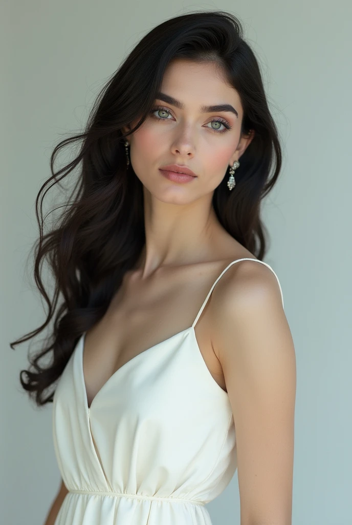 a girl,wear pearl white three pieces,dark silky hair,grey eyes like a hurt deer,perfect facial shape,sharp jaw,23 years old with tall stature,slender ,strong,pink lips,calm demeanor,indian girl but milky skin