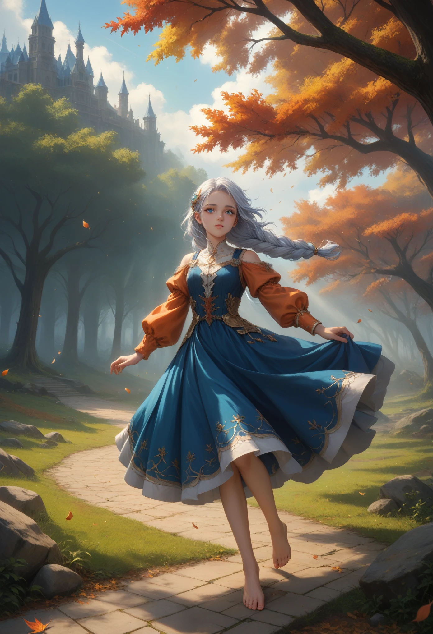 score_9, score_8_up,score_7_up, masterpiece, best quality, perfect anatomy, very aesthetic, official art, 8k, 1 girl, A Little Makeup, sexy, Orange sleeves, White hair, White skin, Light Blue Hair Ornament, Blue suspenders, blue clothes, light blue eyes, bare feet, double braids, Background Path of Paved Stones, Joy is coming, hair flutters in the wind, Warm Atmosphere, Falling leaves, Wooden Railings Red Color, autumn, Darkish Colors, Gentle Rays of the Sun Fall on the Girl, masterpiece, a high resolution, Clear drawing of details, fantasy, very wide shot, dynamic shadows, beauty, All according to the Author,  