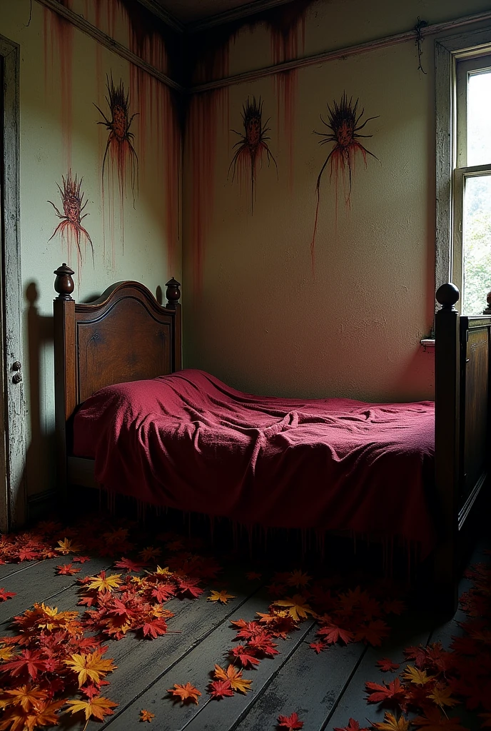 design a room based on this story: Nightmare on Elm Street: Players find themselves locked in a room of the old abandoned house, onde Freddy Krueger, a being that torments dreams, awaits you. With only an hour before he starts terrorizing them, Participants must solve puzzles and overcome challenges that reveal the secrets of the terror that haunts Elm Street.. They need to escape before Freddy turns their fears into reality..

in the bedroom decoration place a bed, autumn leaves scattered on the floor and claw drawings on the walls with blood and fire ash.  make a decoration inspired by the freddy krueger movie 