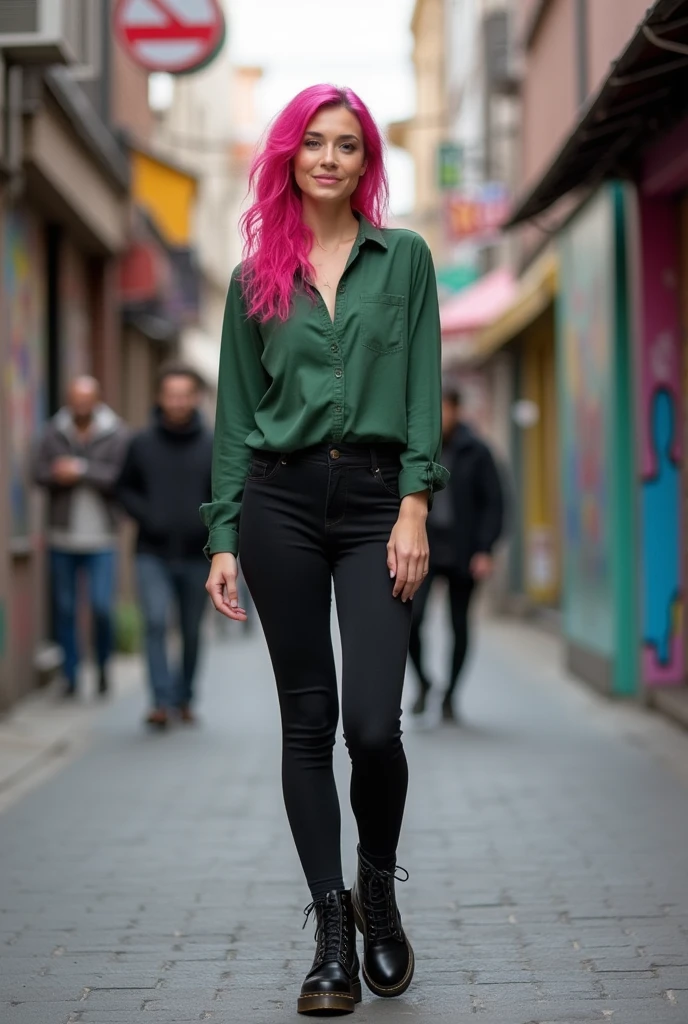 a pretty woman, 36 years old, pink hair, pretty face, Green Shirt, black tights, black doc martens, FULL BODY shot