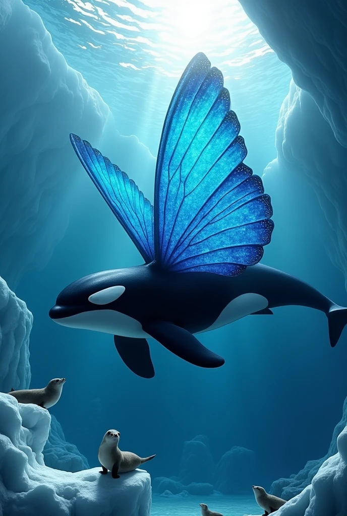 An orca whale with blue butterfly wings swimming in the Antarctic sea being friendly