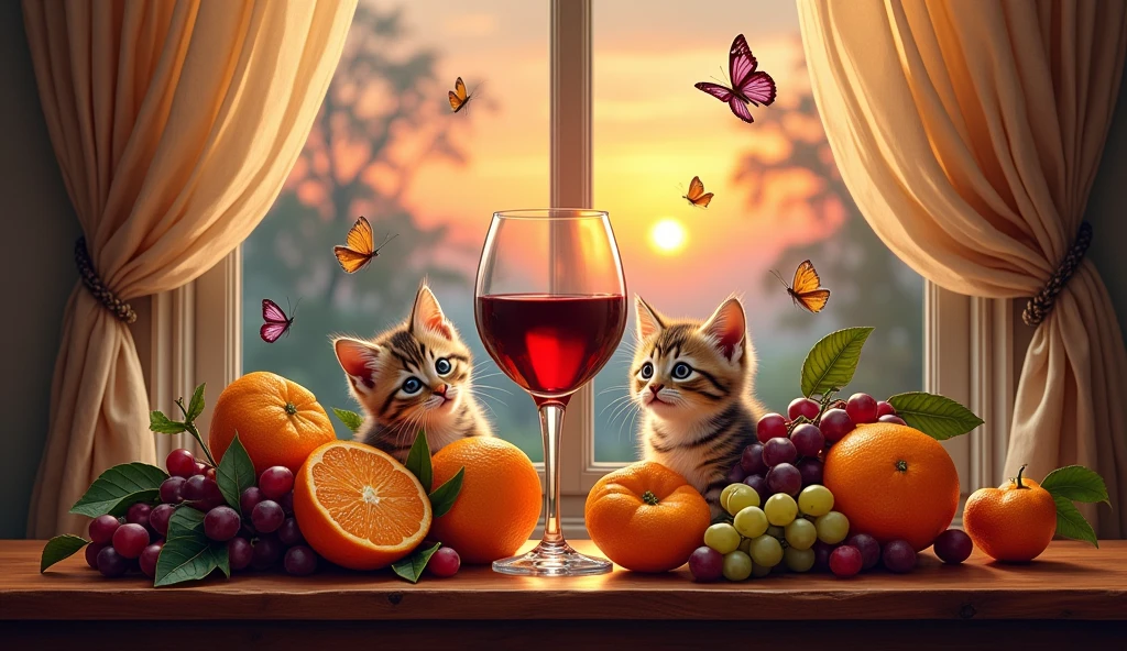 Let me have beautiful still life paintings, let there be windows, curtains, grapes, oranges, wine, a wine glass, little kittens next to them, butterflies, a sunset painting behind the window, a variety of beautiful fruits.