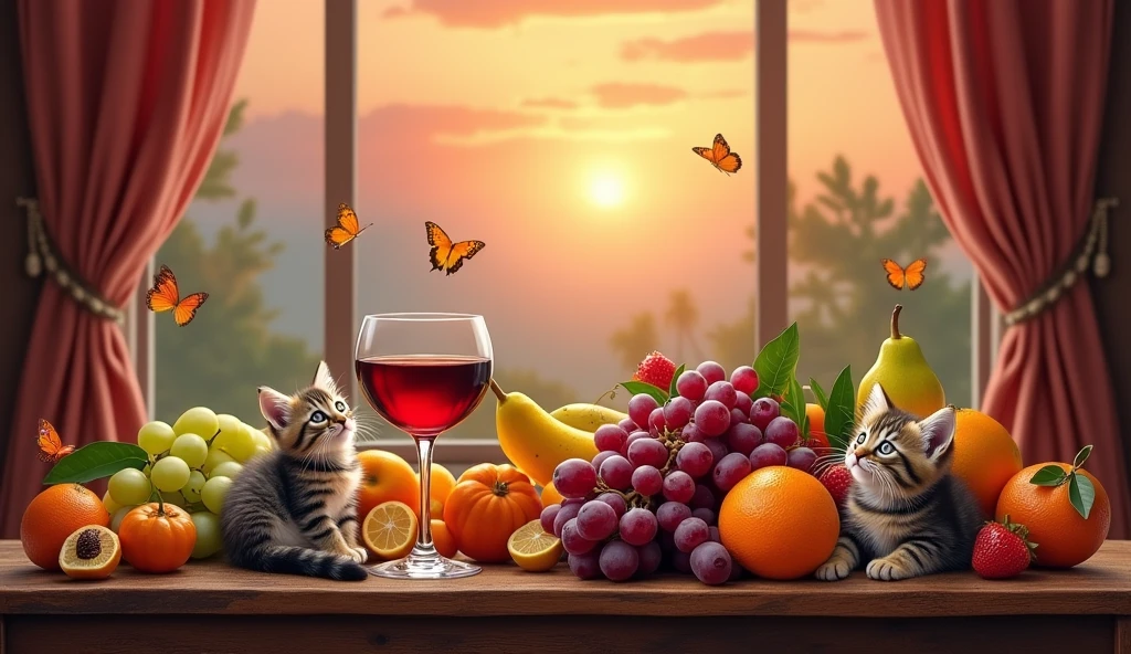 Let me have beautiful still life paintings, let there be windows, curtains, grapes, oranges, wine, a wine glass, little kittens next to them, butterflies, a sunset painting behind the window, a variety of beautiful fruits.